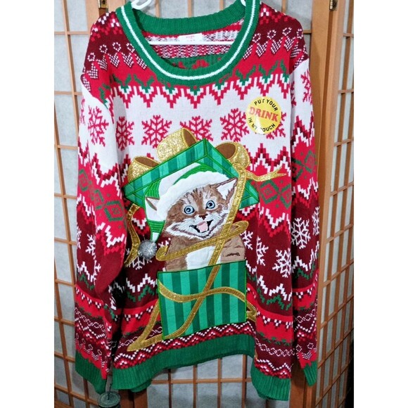 Holiday Time 3XL Cat Christmas Sweater Ugly Xmas Gift Box Funny Drink Holder - Picture 1 of 10
